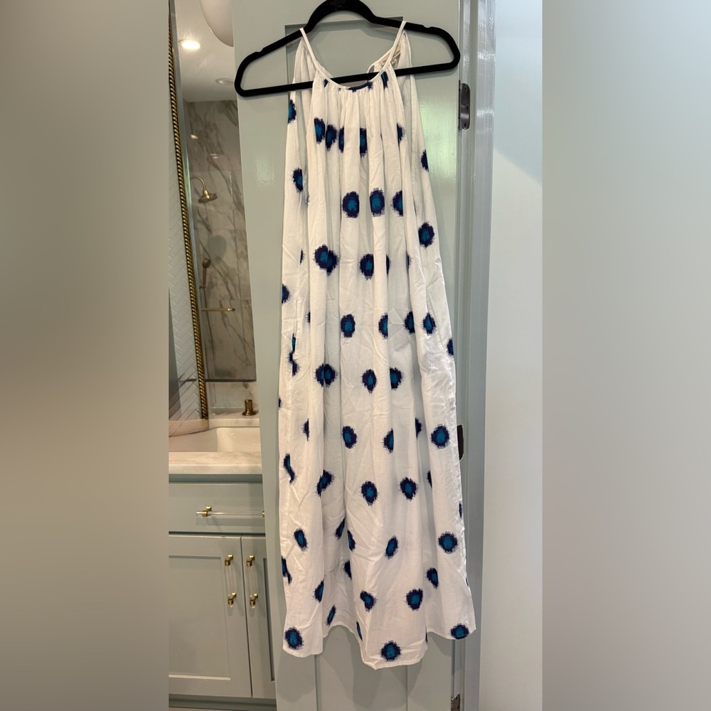 Fitzroy & Willa White Blue Printed Midi Dress Medium
